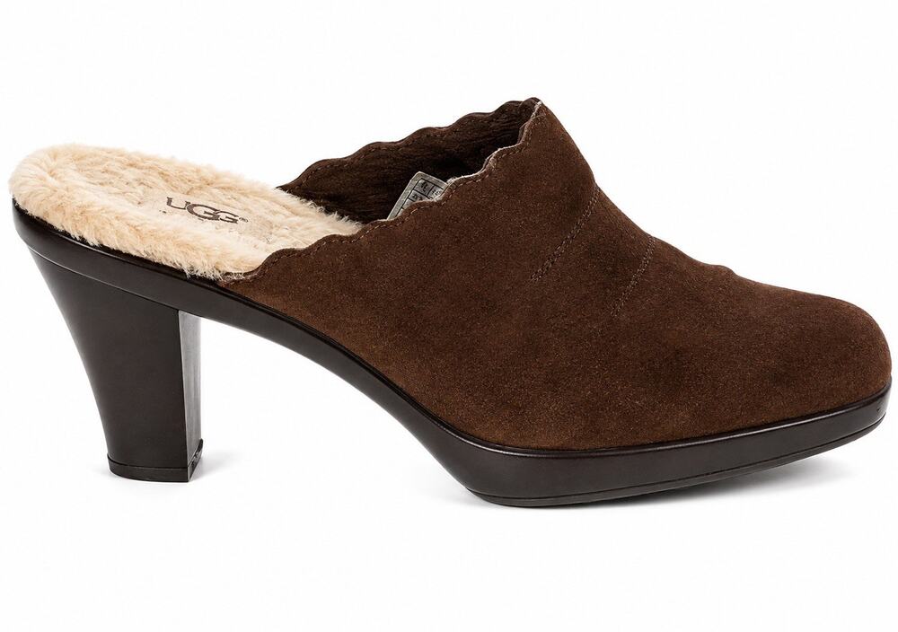UGG Australia Women 8 Brown Suede Shearling Fur Lined Heeled Mules Clogs Slip On